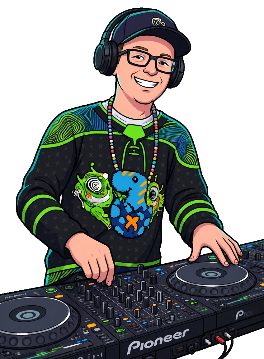 Cartoon of O-Ninja! smiling behind a set of DJ decks, with headphones over his cap, glasses, a bead necklace and a black and green jersey.